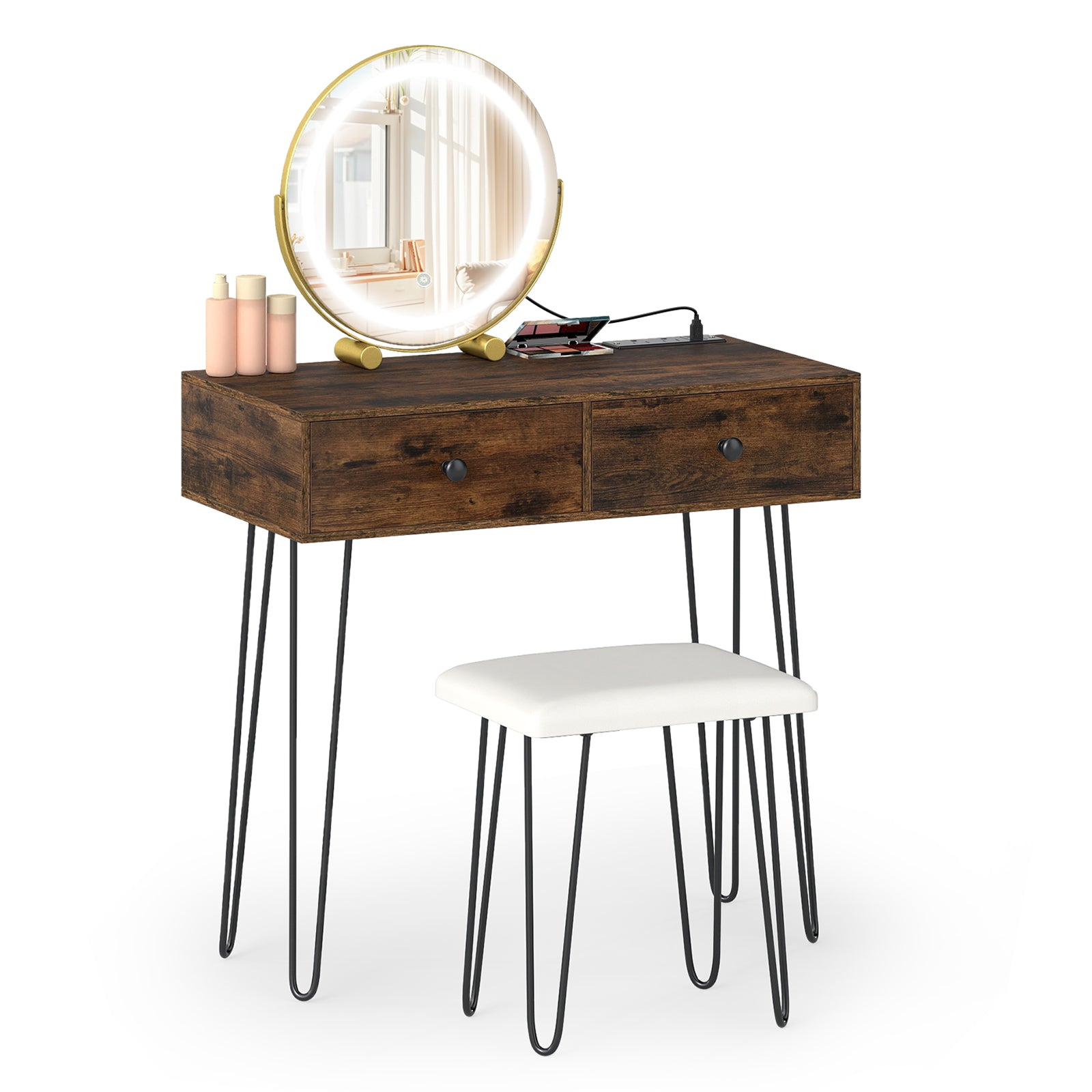 Vanity Desk with with Lighted Adjustable Mirror for Bedroom, Rustic Brown Makeup Vanities at Gallery Canada