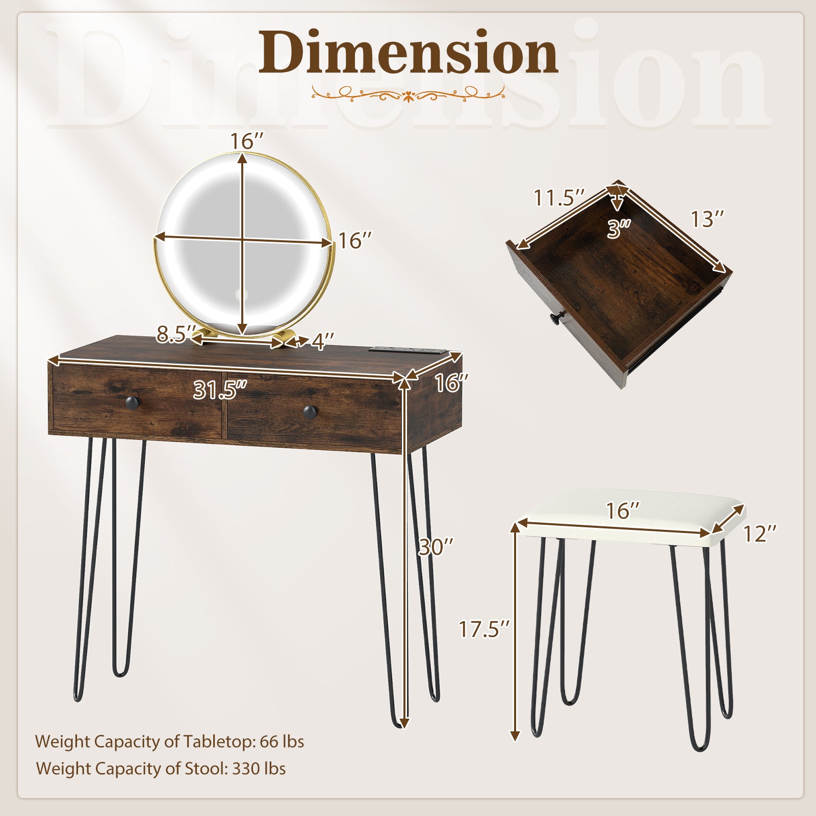 Vanity Desk with with Lighted Adjustable Mirror for Bedroom, Rustic Brown Makeup Vanities at Gallery Canada