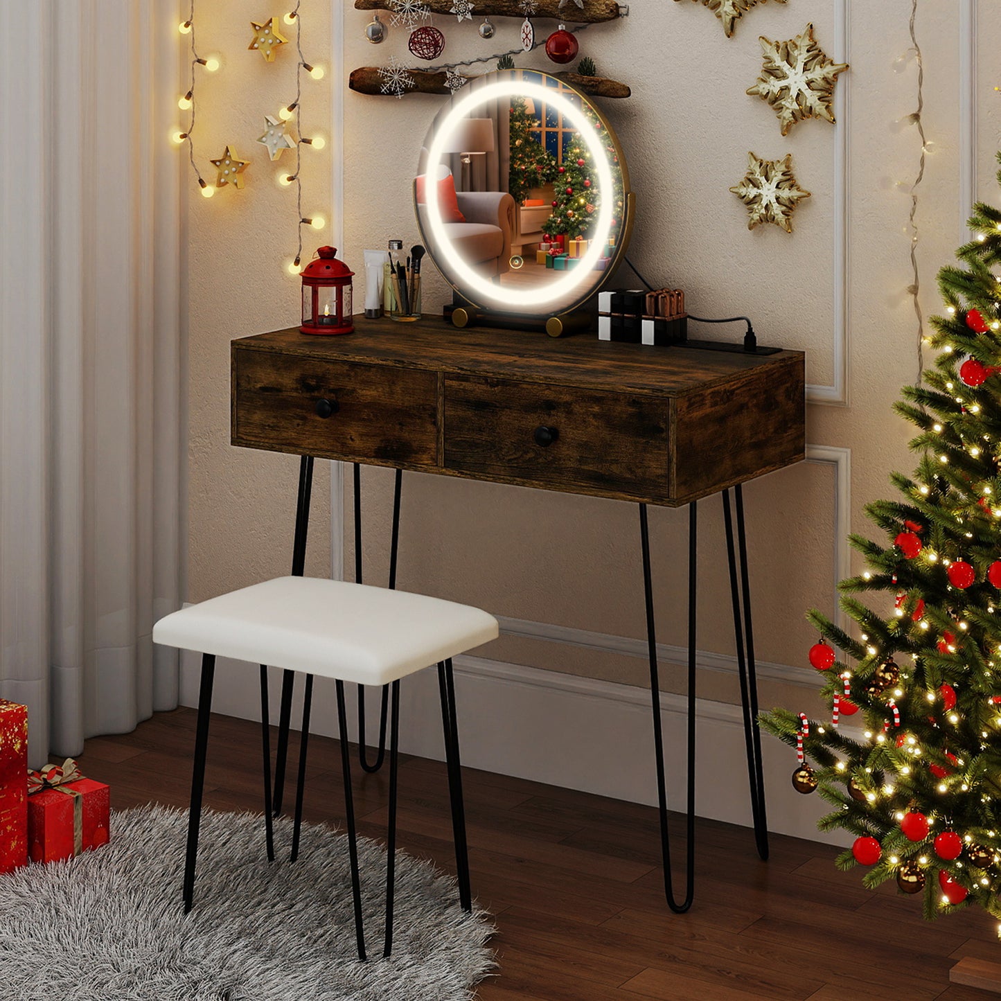 Vanity Desk with with Lighted Adjustable Mirror for Bedroom, Rustic Brown Makeup Vanities at Gallery Canada