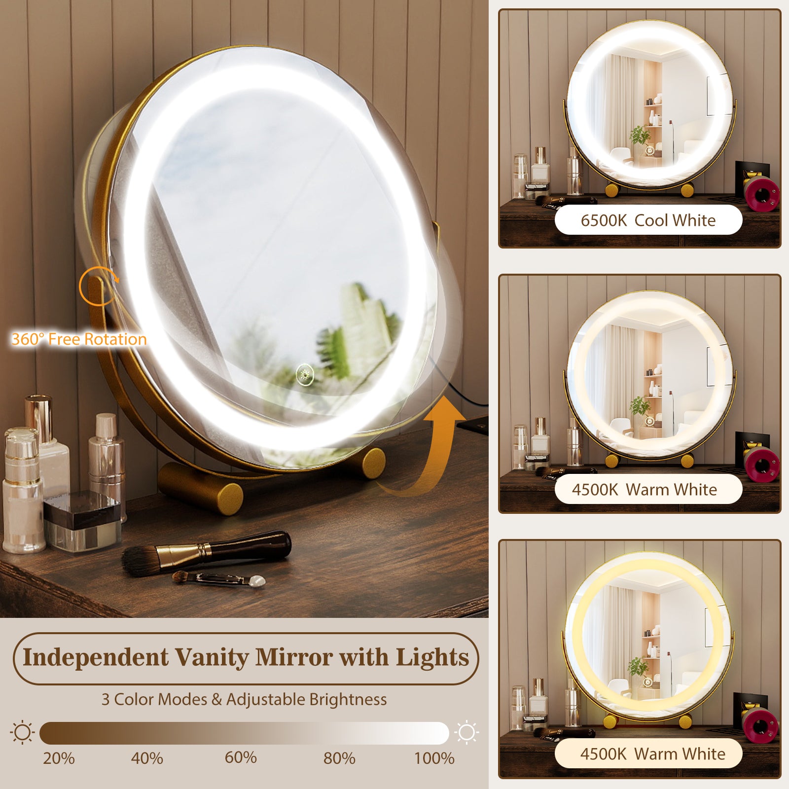 Vanity Desk with with Lighted Adjustable Mirror for Bedroom, Rustic Brown Makeup Vanities at Gallery Canada