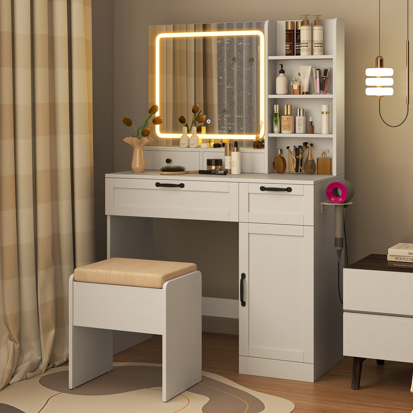 Vanity Set With Mirror, 3 Lighting Modes, Adjustable Brightness, White Makeup Vanities at Gallery Canada