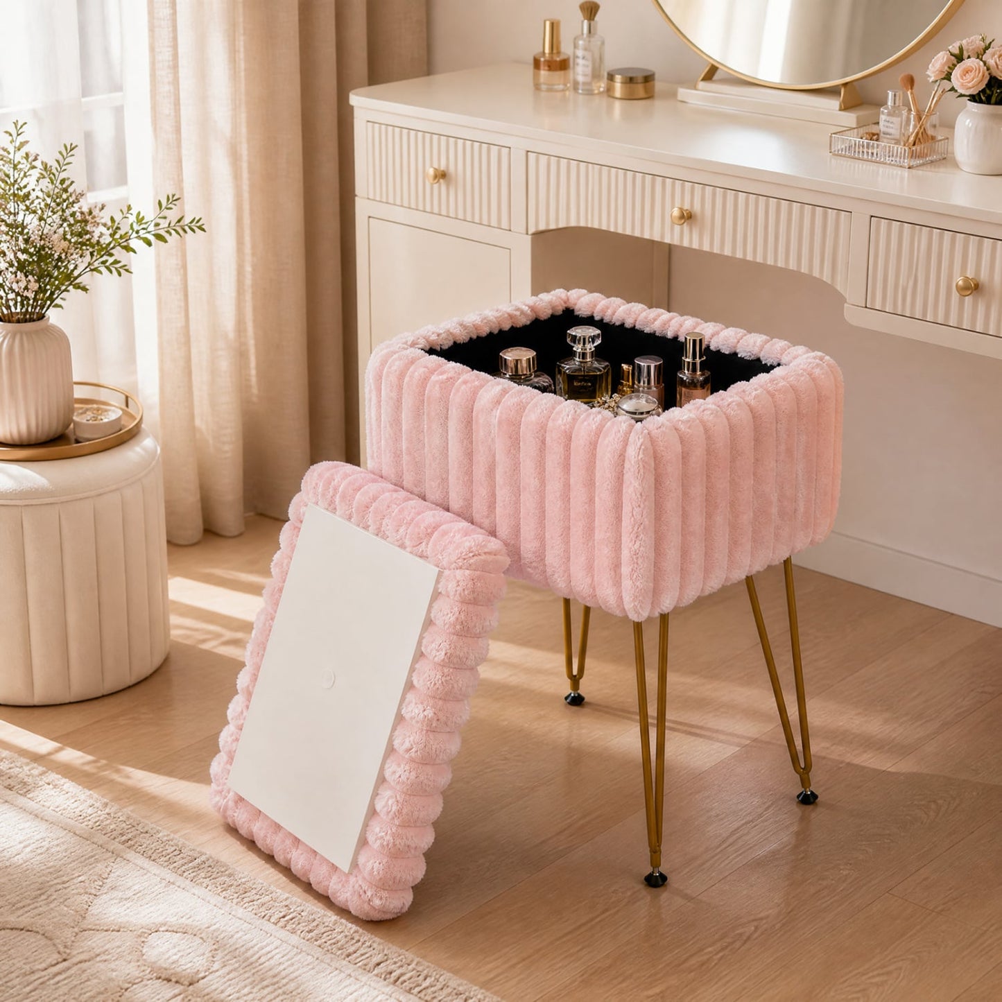 Vanity Stool with Storage, Faux Fur Ottoman, Pink
