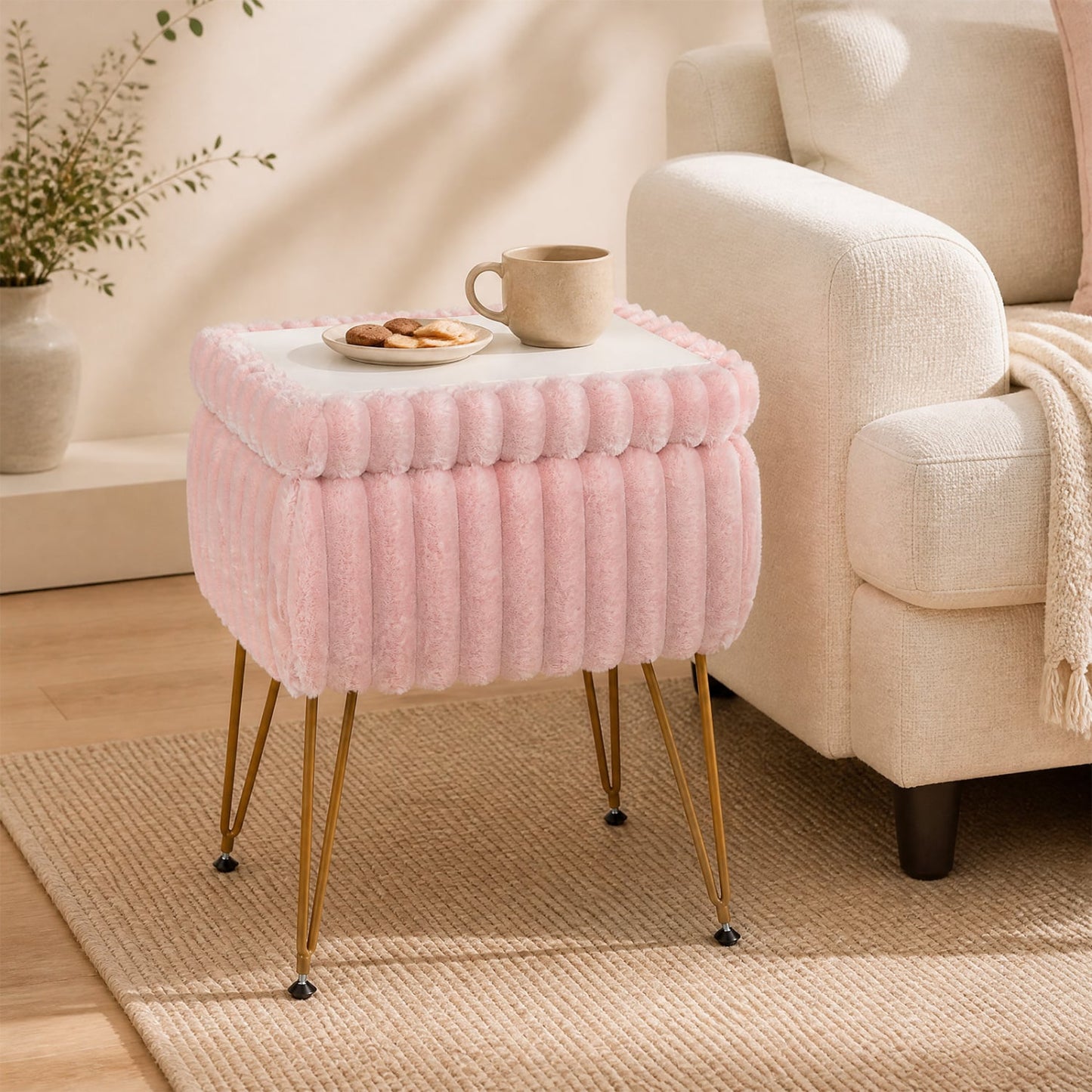 Vanity Stool with Storage, Faux Fur Ottoman, Pink
