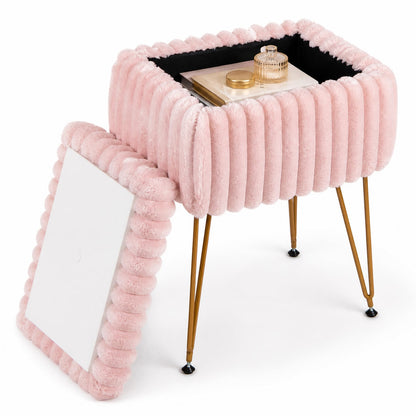 Vanity Stool with Storage, Faux Fur Ottoman, Pink