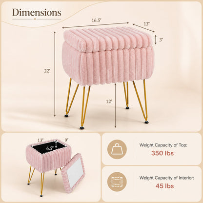 Vanity Stool with Storage, Faux Fur Ottoman, Pink