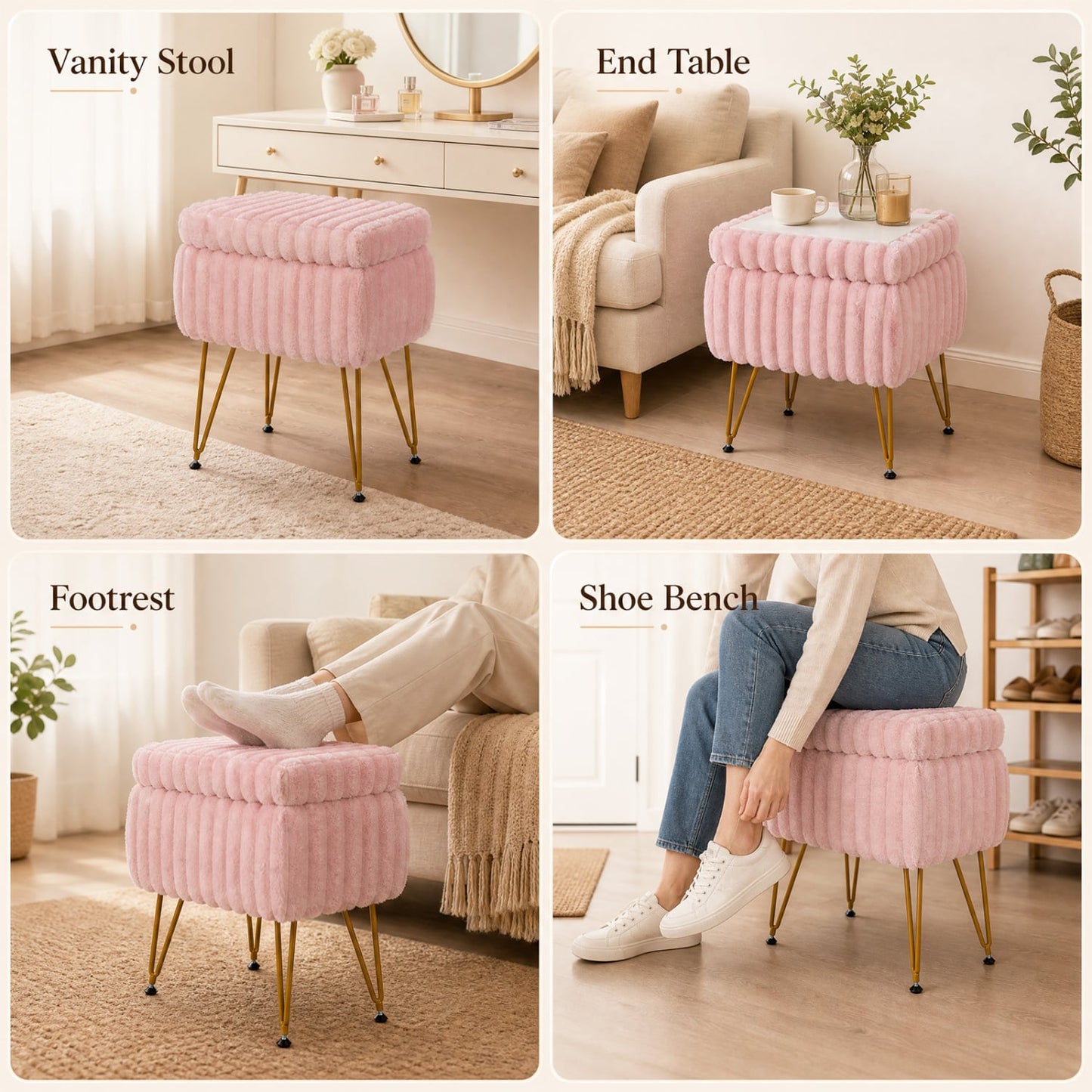 Vanity Stool with Storage, Faux Fur Ottoman, Pink