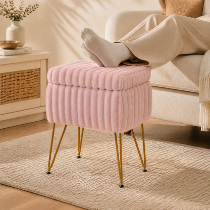 Vanity Stool with Storage, Faux Fur Ottoman, Pink