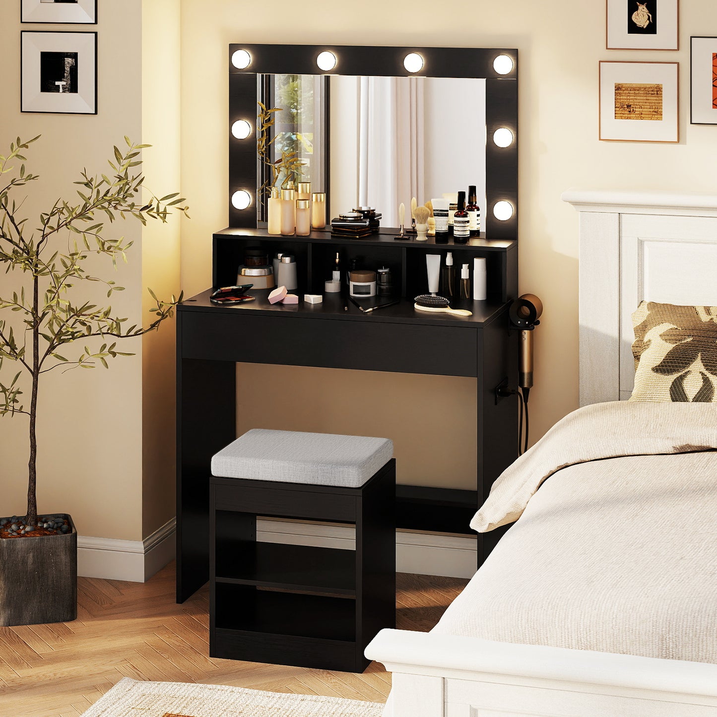 Vanity Table Set With Lighted Mirror, Cushion Stool, Black Makeup Vanities at Gallery Canada