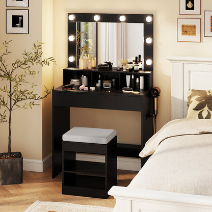 Vanity Table Set With Lighted Mirror, Cushion Stool, Black Makeup Vanities at Gallery Canada