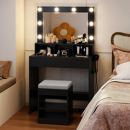 Vanity Table Set With Lighted Mirror, Cushion Stool, Black Makeup Vanities at Gallery Canada