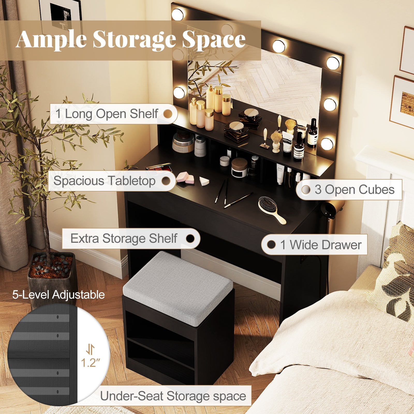 Vanity Table Set With Lighted Mirror, Cushion Stool, Black Makeup Vanities at Gallery Canada