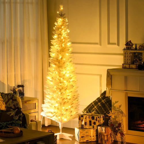 6' Pre Lit Artificial Pencil Christmas Tree, Warm White LED Lights, White