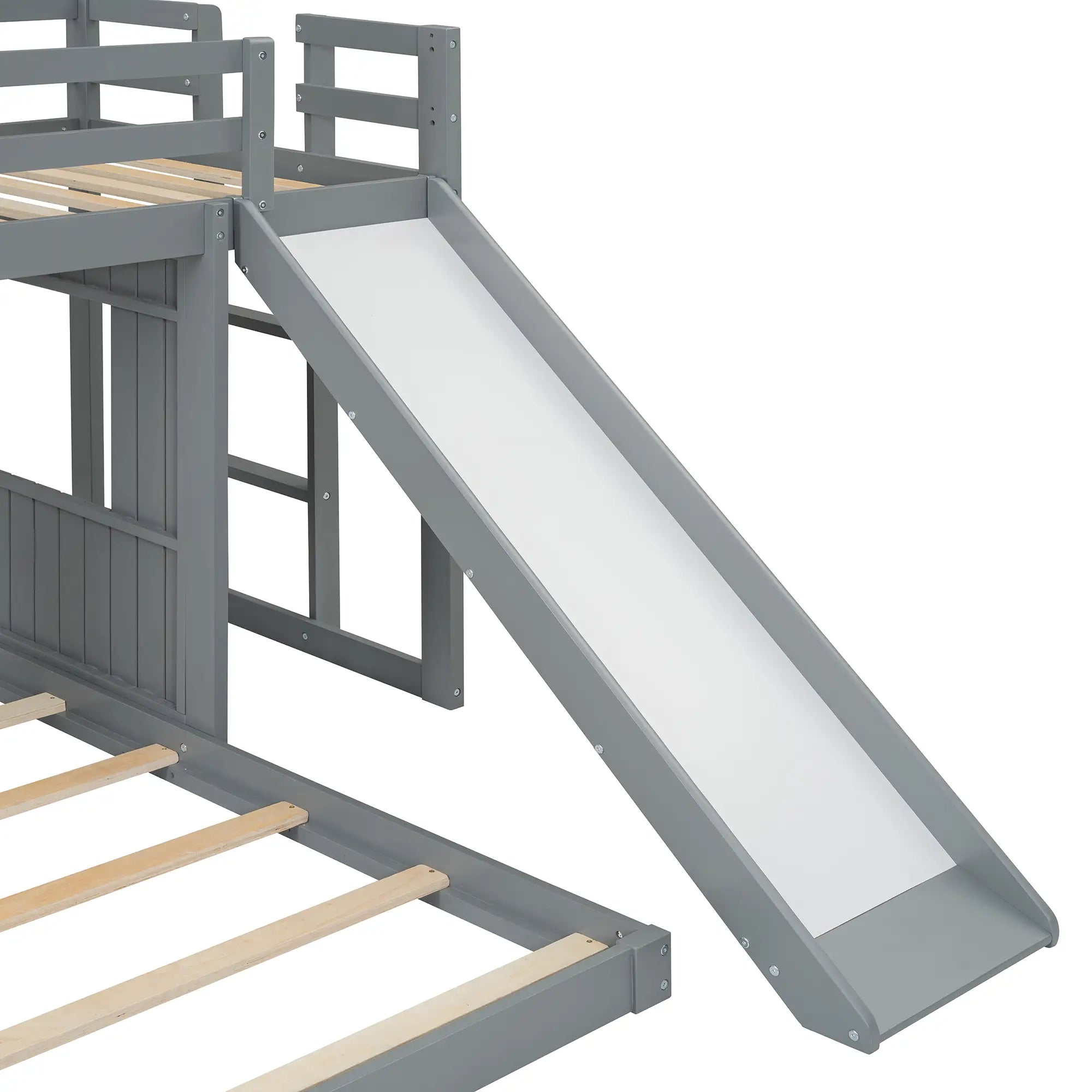 Twin Over Full Bunk Bed with Playhouse, Ladder, Slide, Guardrails, 82