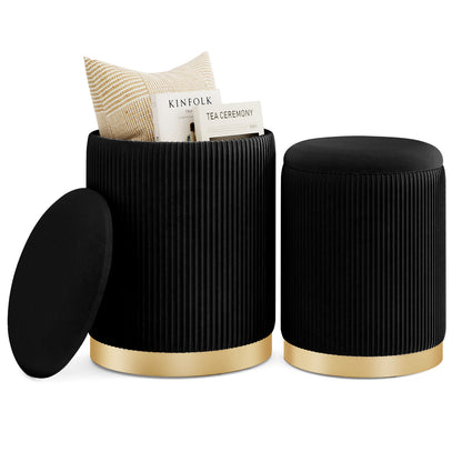 Velvet Linen Fabric Storage Ottoman Set, 2 Piece, Black Ottomans at Gallery Canada