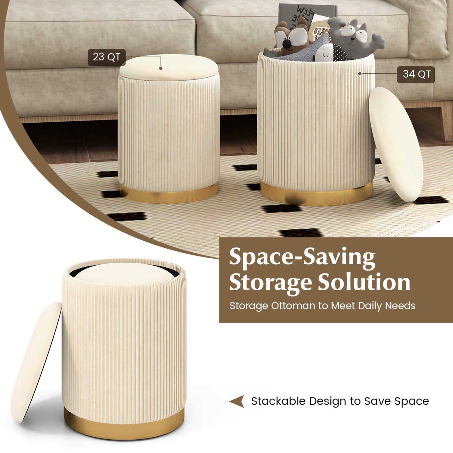 Velvet Linen Fabric Storage Ottoman Set Of 2, Golden Ottomans at Gallery Canada