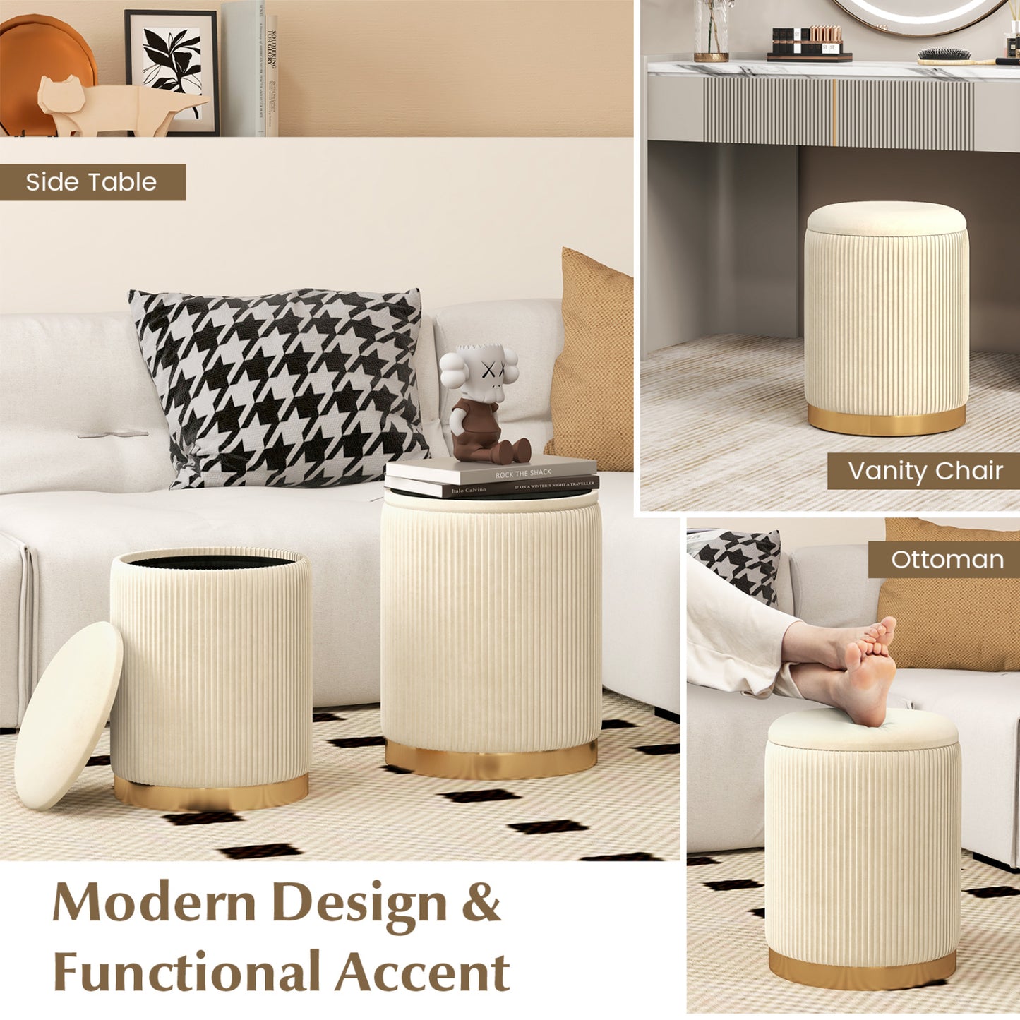 Velvet Linen Fabric Storage Ottoman Set Of 2, Golden Ottomans at Gallery Canada