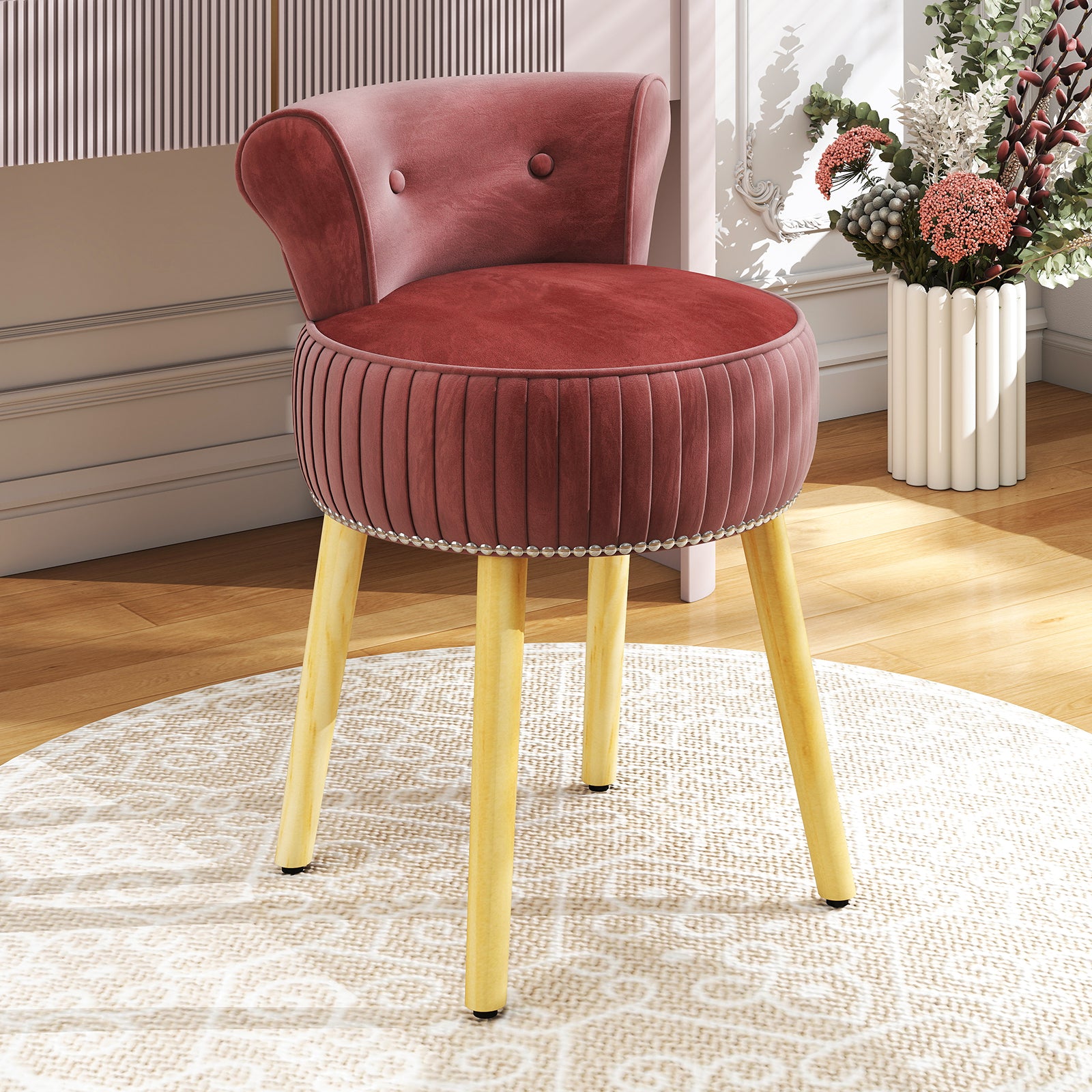 Velvet Vanity Chair, Tufted Low Back, Solid Wood Legs, Pink Makeup Vanities at Gallery Canada