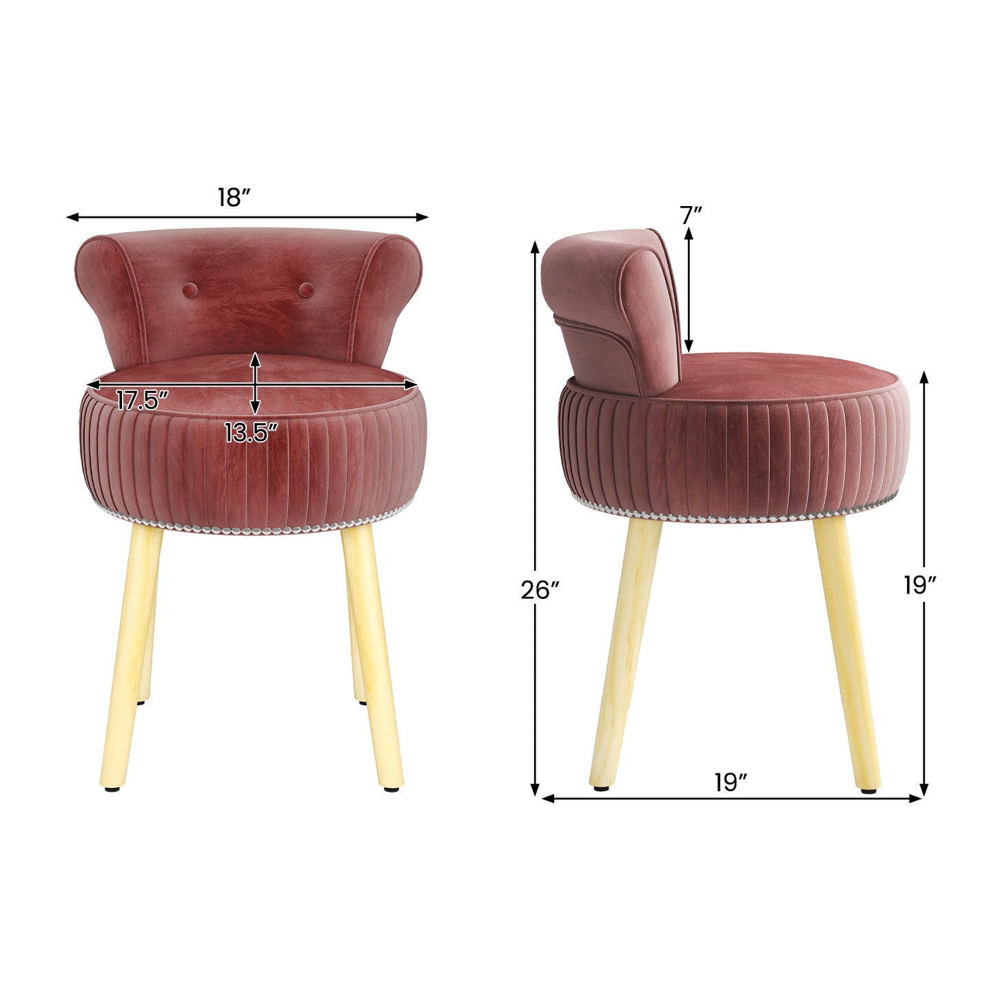Velvet Vanity Chair, Tufted Low Back, Solid Wood Legs, Pink Makeup Vanities at Gallery Canada