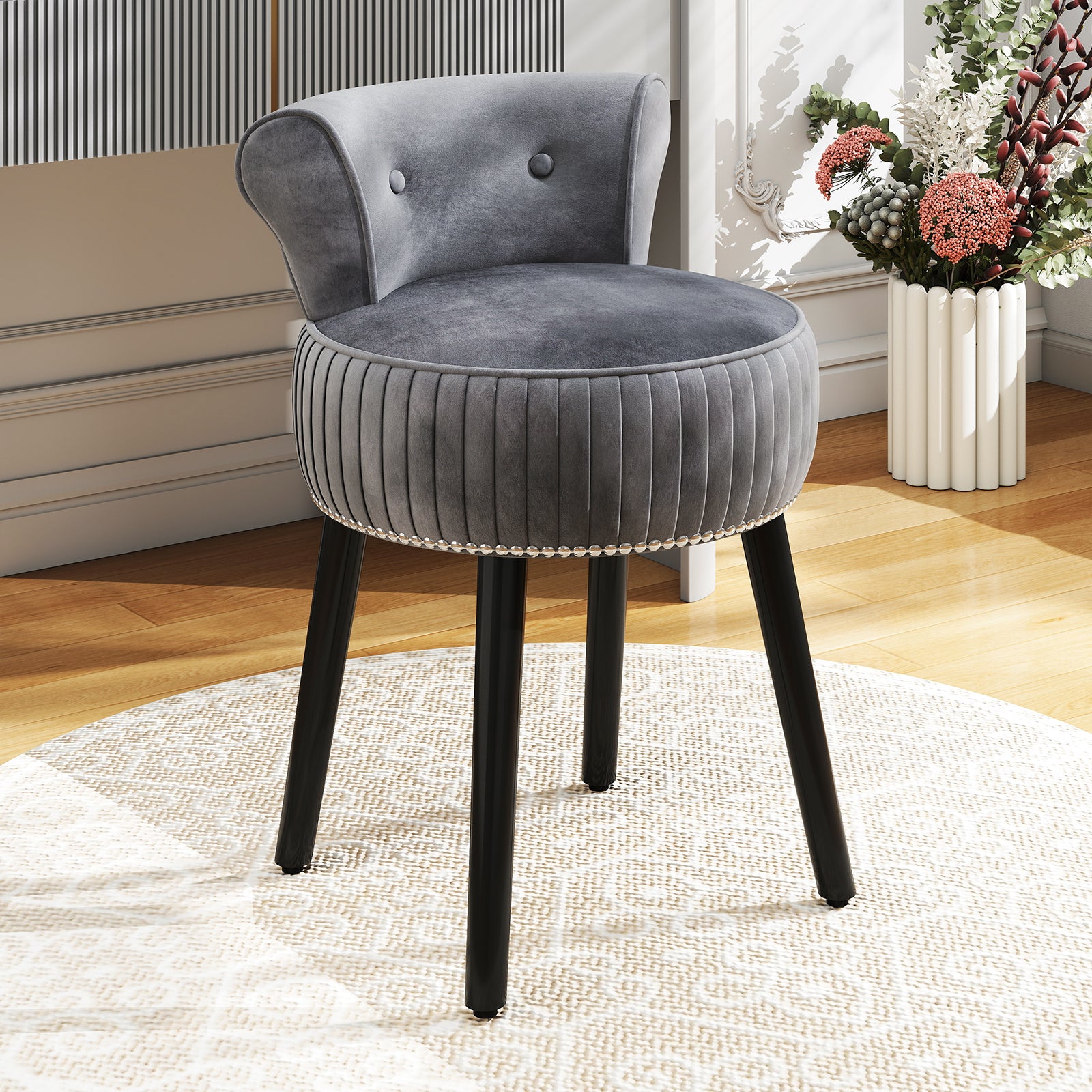 Velvet Vanity Chair, Upholstered Stool, Tufted Low Back, Solid Wood Legs, Gray Makeup Vanities at Gallery Canada