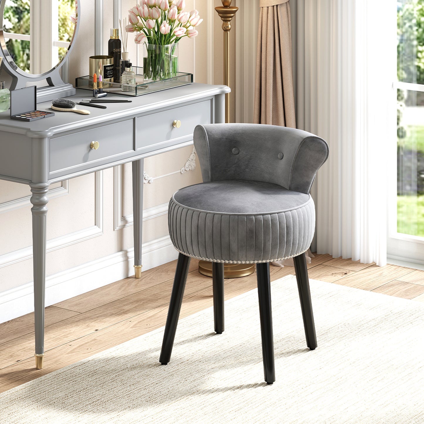 Velvet Vanity Chair, Upholstered Stool, Tufted Low Back, Solid Wood Legs, Gray Makeup Vanities at Gallery Canada