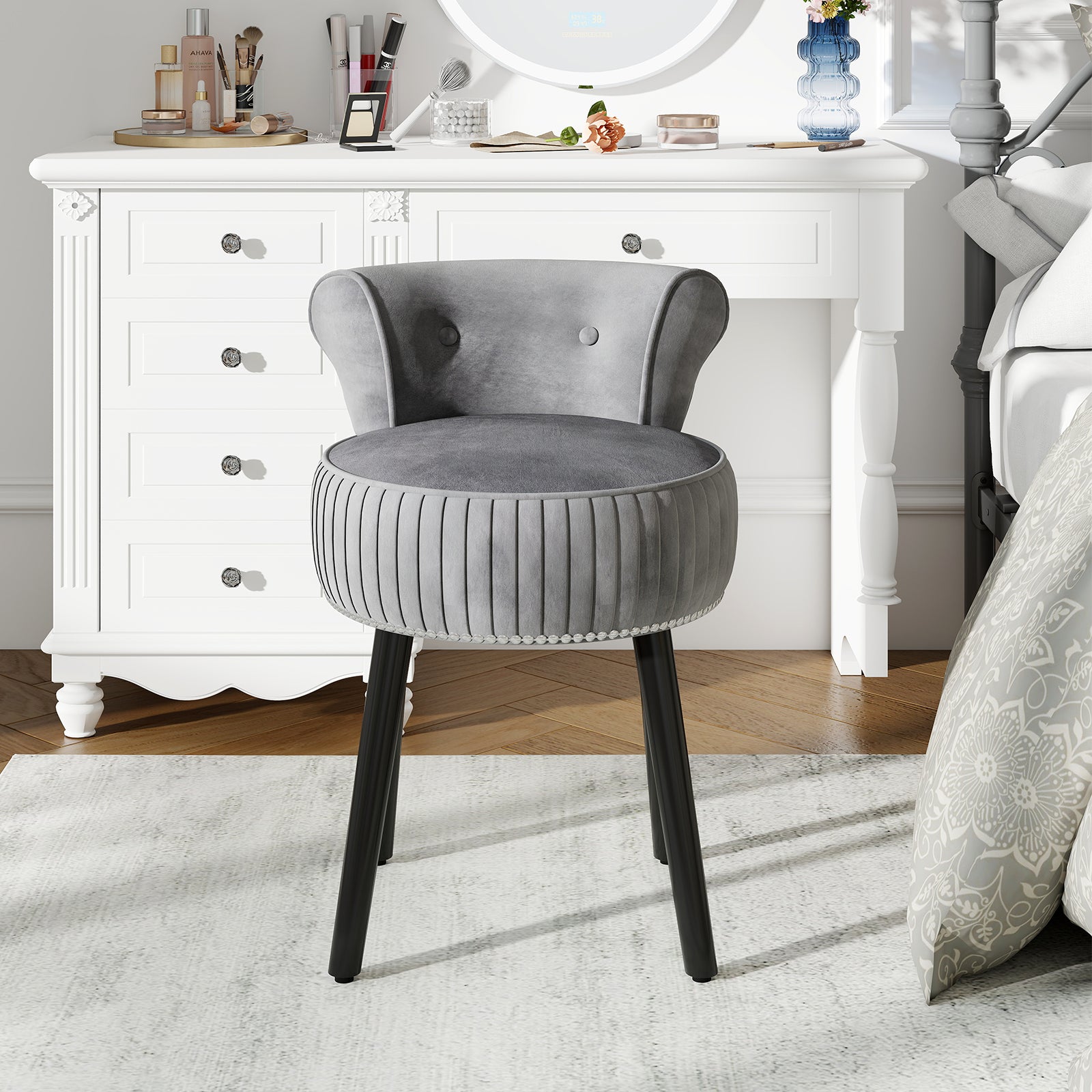 Velvet Vanity Chair, Upholstered Stool, Tufted Low Back, Solid Wood Legs, Gray Makeup Vanities at Gallery Canada