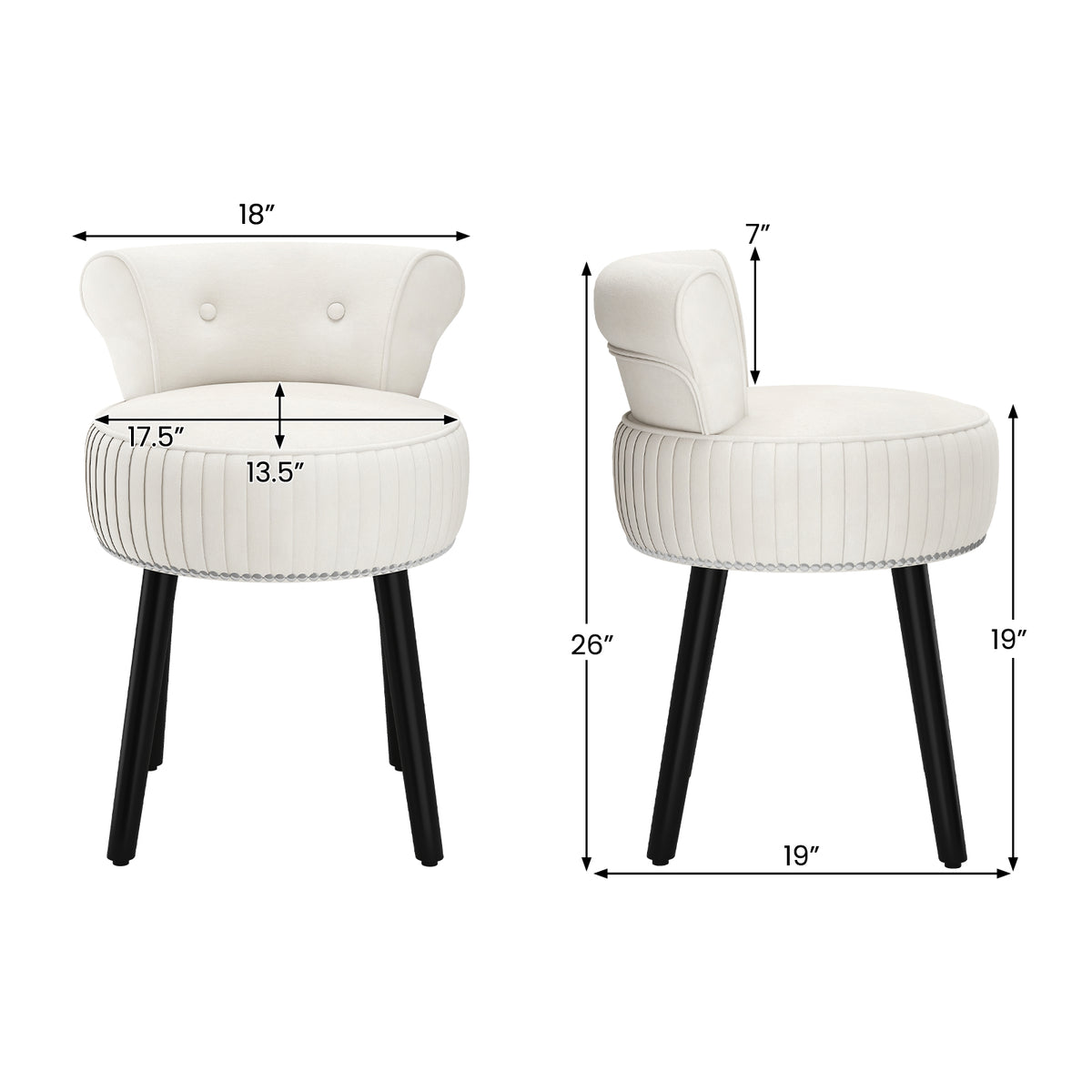 Velvet Vanity Chair, Upholstered Stool, Tufted Low Back, Solid Wood Legs, White Makeup Vanities at Gallery Canada