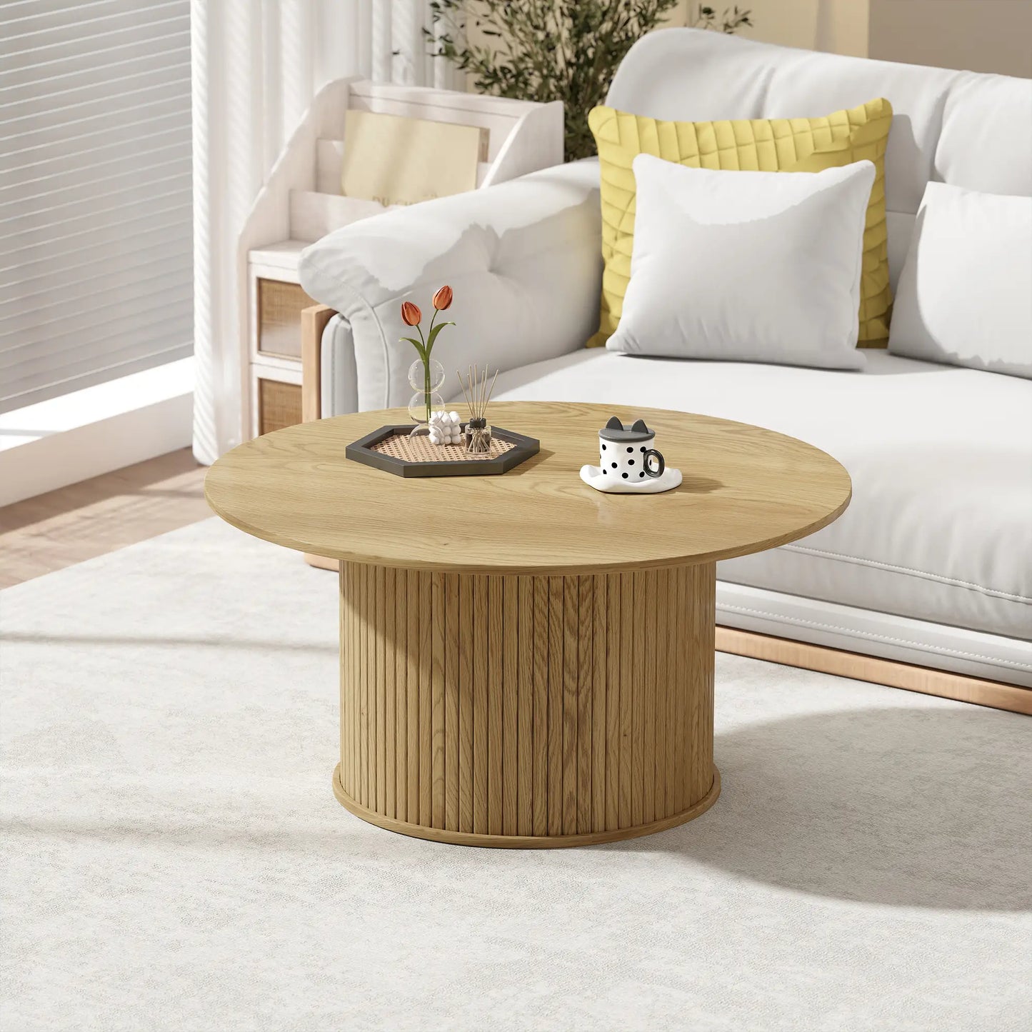 31.5 Inch Round Coffee Table, Nordic Style, Oak Coffee Tables at Gallery Canada