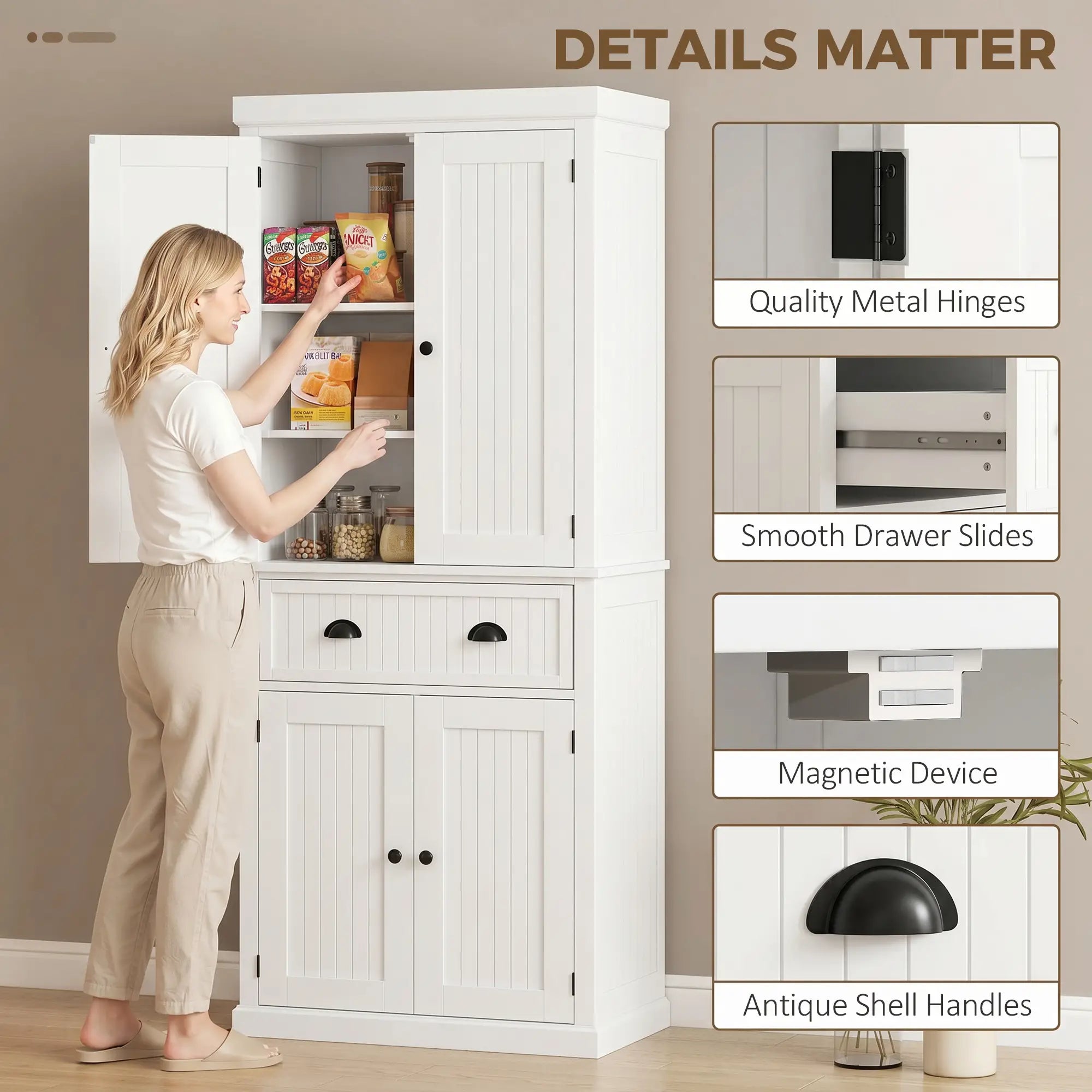 72 Inch Kitchen Pantry, Storage Cabinet with Drawer, White, White Kitchen Pantry Cabinets at Gallery Canada