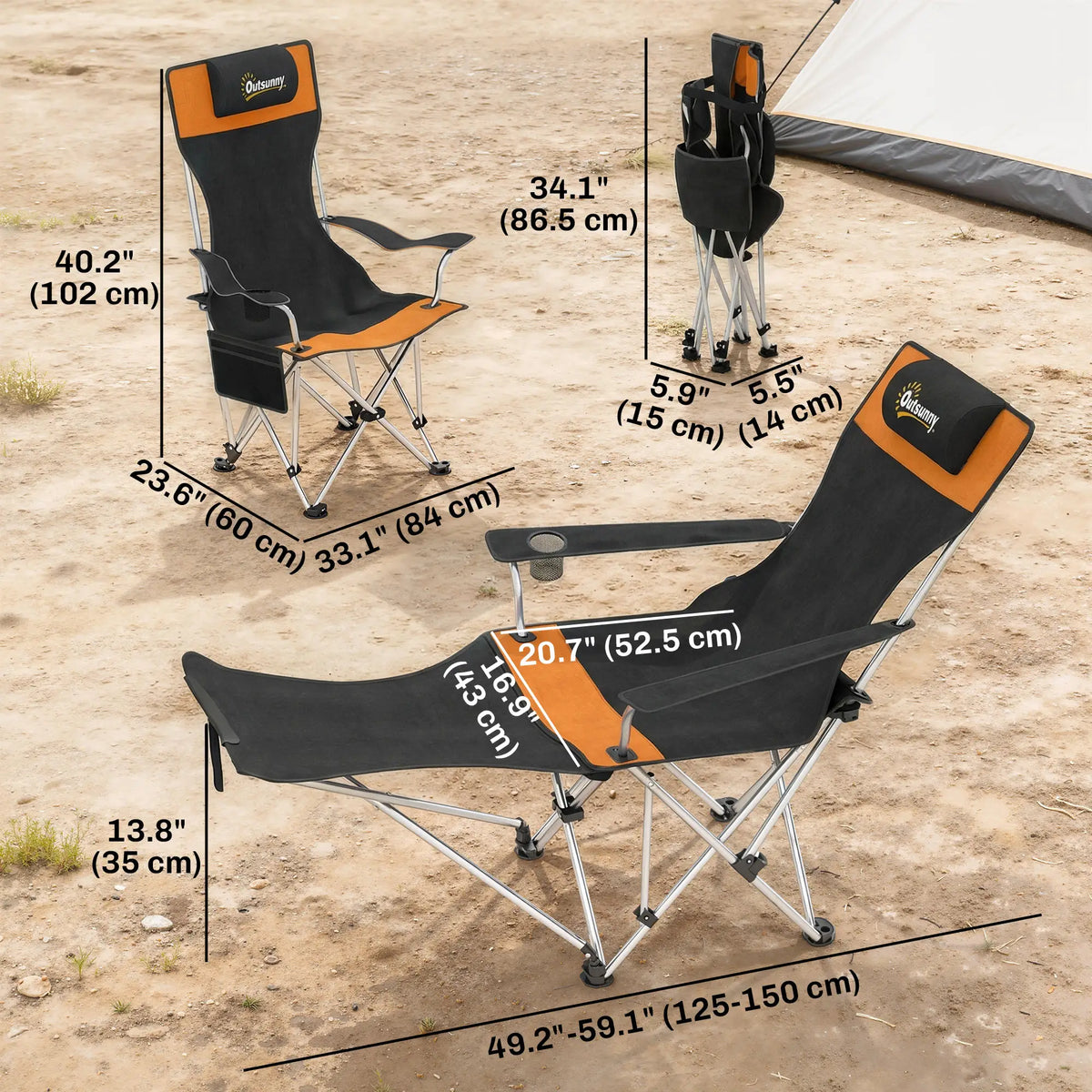 Reclining Camping Chair Set With Foot Rest, Headrest, Cup Holder, Storage Bag, Orange Picnic Tables & Camping Chairs at Gallery Canada