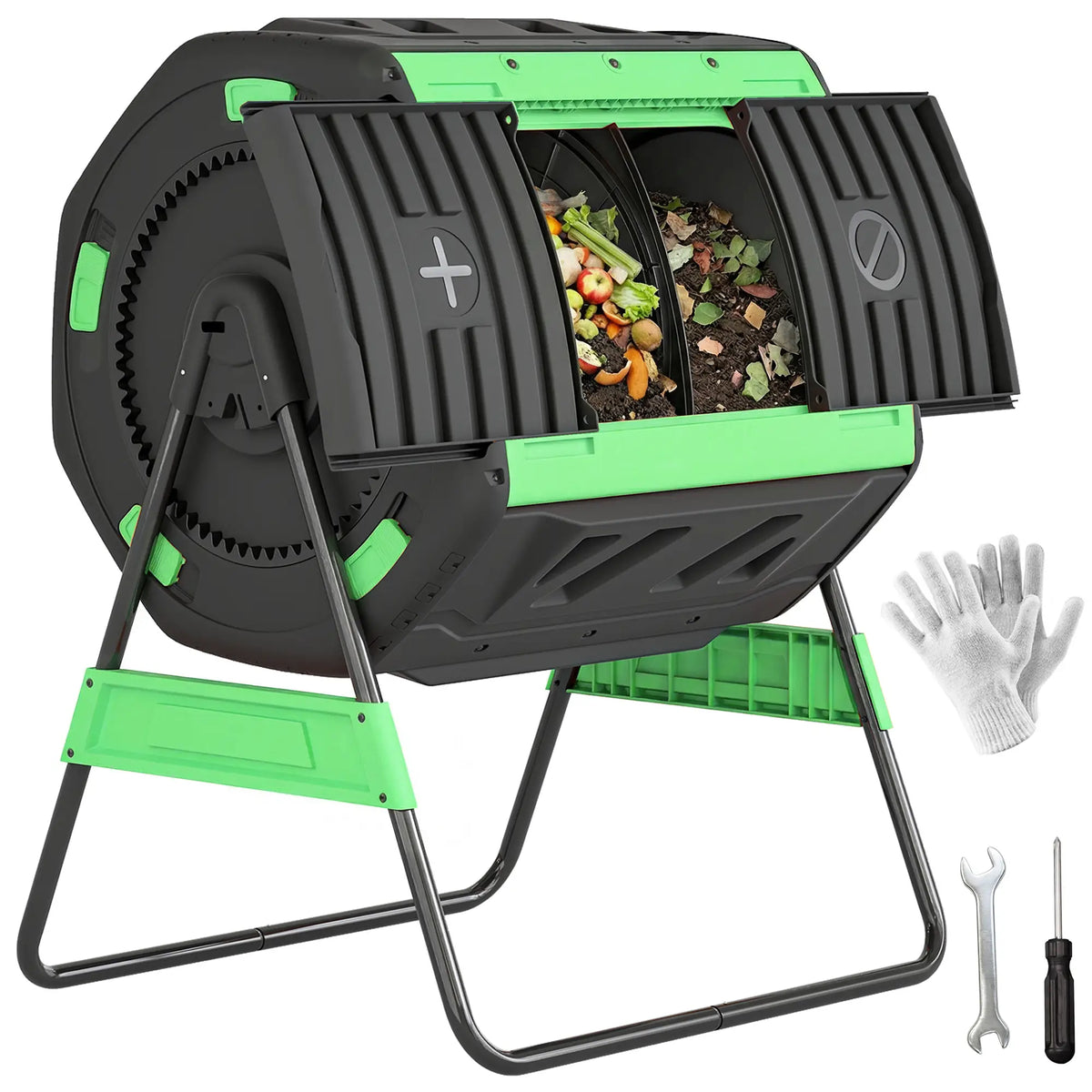 53 Gal Dual Chamber Tumbling Composter, Adjustable Vents, BPA Free, Green