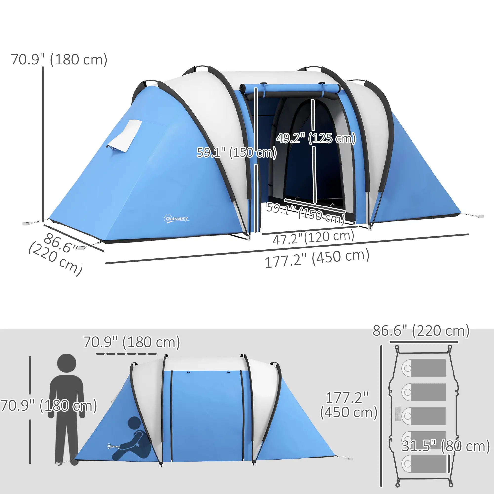 Camping Tent, 2 Bedrooms, Living Area, 3000mm Waterproof, Blue Camping Tents at Gallery Canada