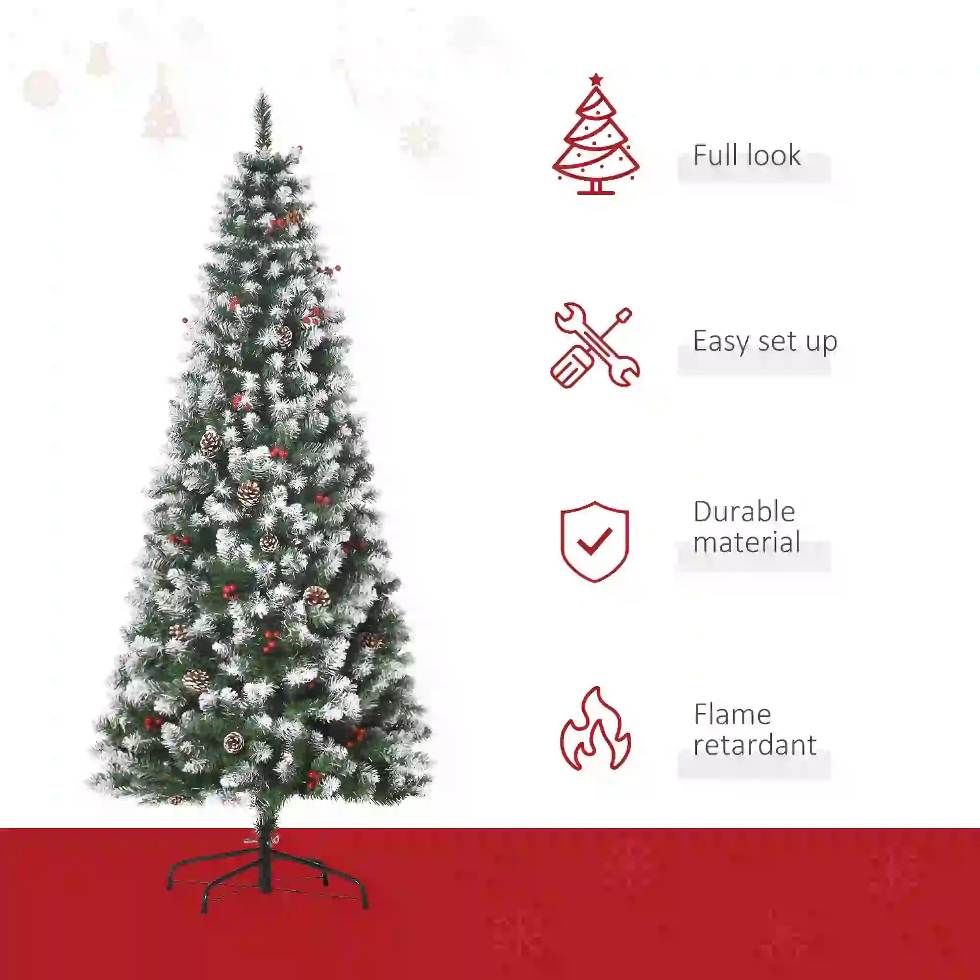 6ft Flocked Christmas Tree, Red Berries Pine Cones, Pencil Shape, Green Flocked Christmas Trees at Gallery Canada