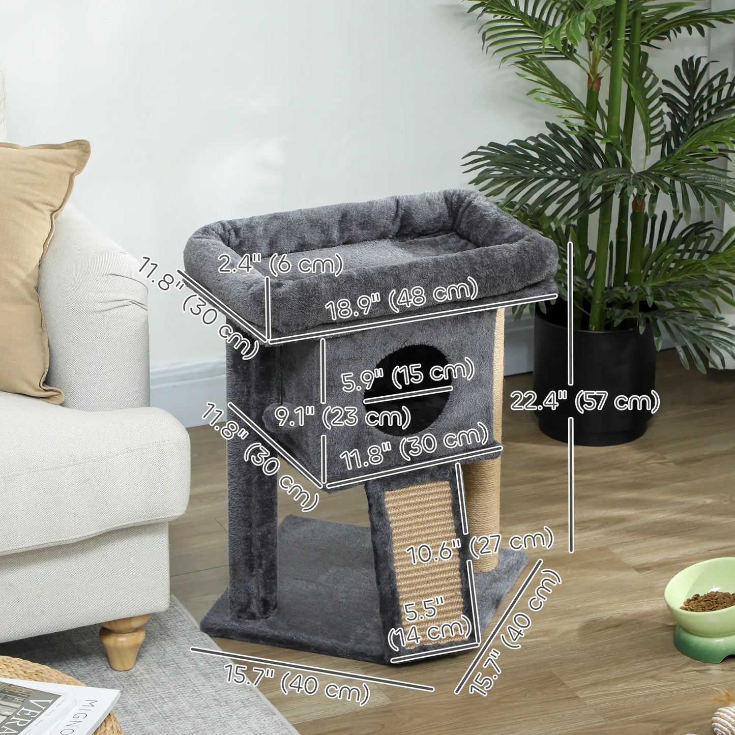 Small Cat Tree Tower with Perch, Scratching Post, Condo, Toy Ball, Dark Grey Cat Trees at Gallery Canada