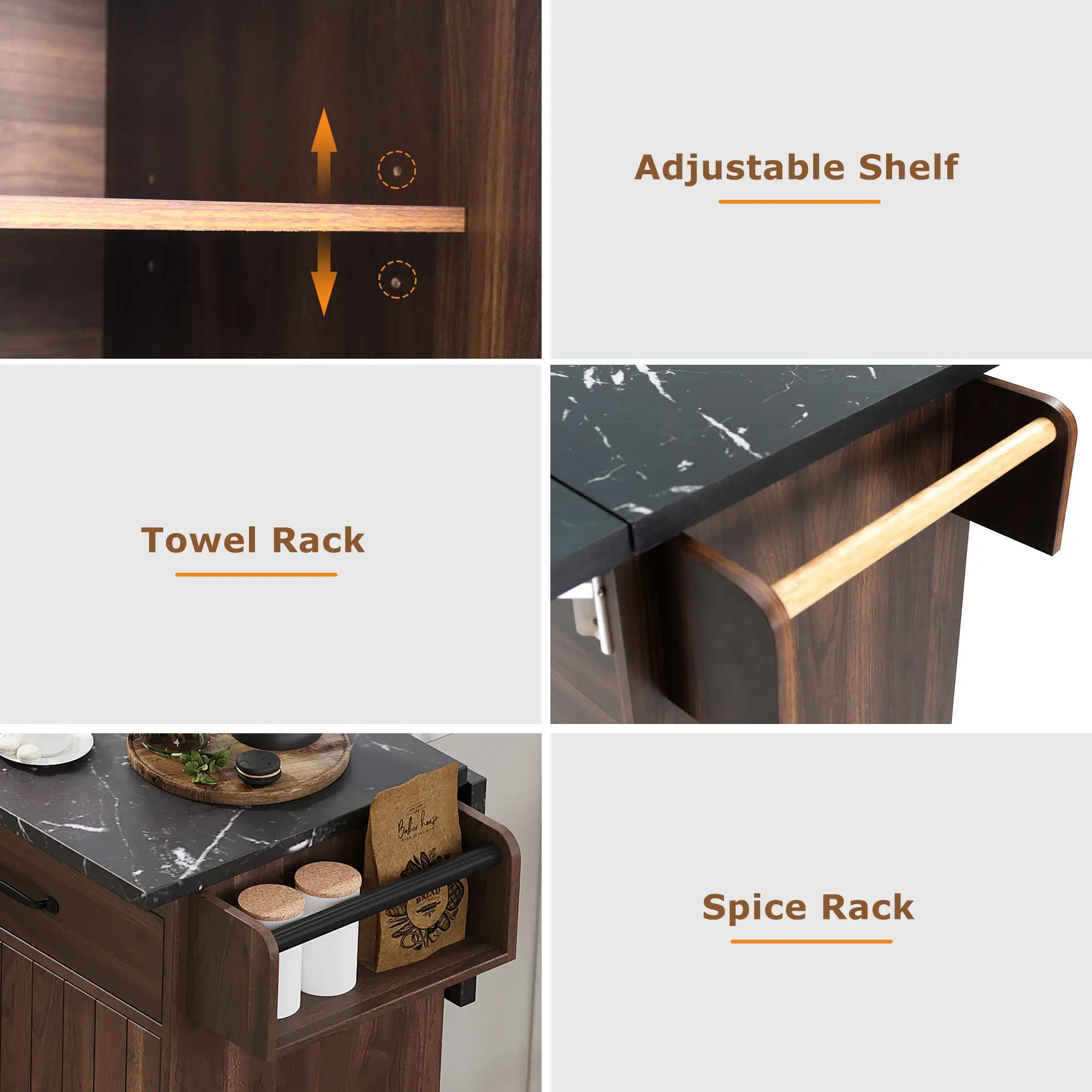 Adjustable Shelf Island, Trash Cabinet, Spice Rack, 51
