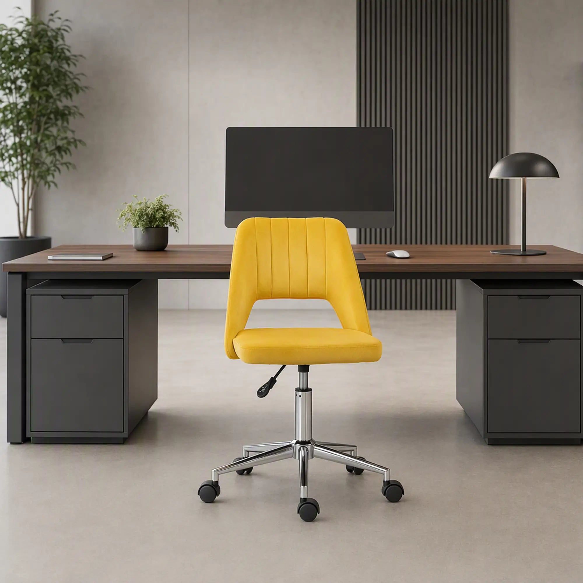 Mid Back Office Chair, Velvet Fabric, Swivel Scallop Shape, Yellow Office Chairs at Gallery Canada