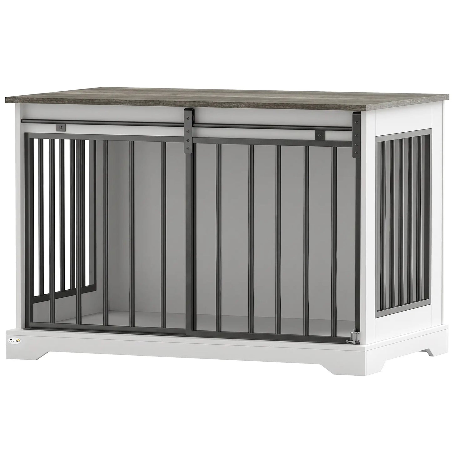 Dog Crate Furniture 100 cm, Sliding Barn Door, Large Breeds, White Dog Cages & Crates White, Black, Grey wood effect at Gallery Canada