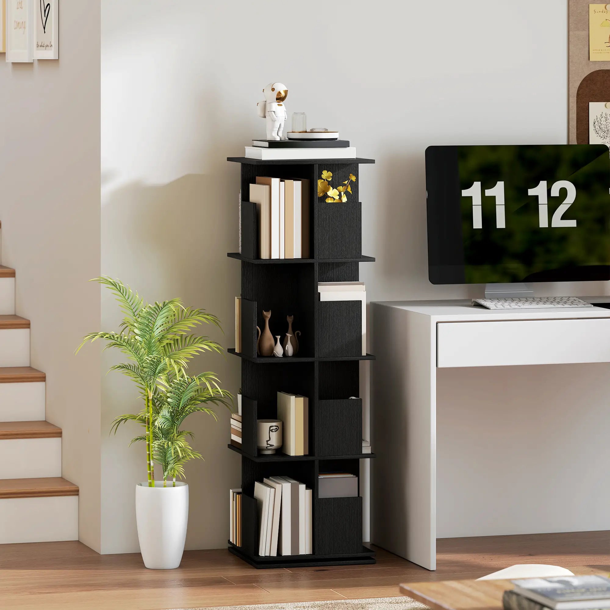 360° Rotating Bookcase, 4 Tier Bookshelf with 16 Cubbies, Black Wood Grain, Black Display Bookshelves at Gallery Canada