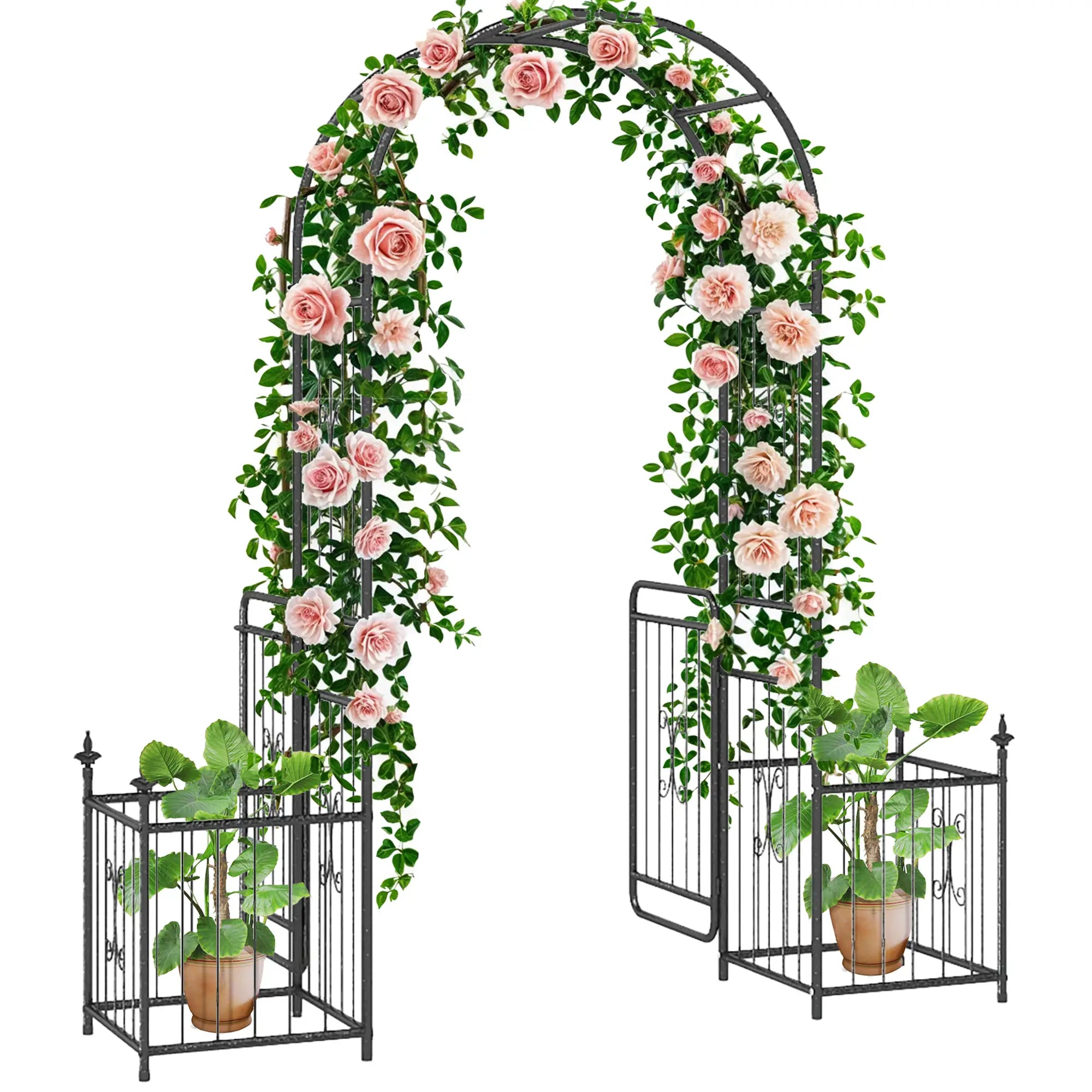 7.2FT Metal Garden Arbor, Double Doors, 2 Side Baskets, Black Garden Arches Black at Gallery Canada