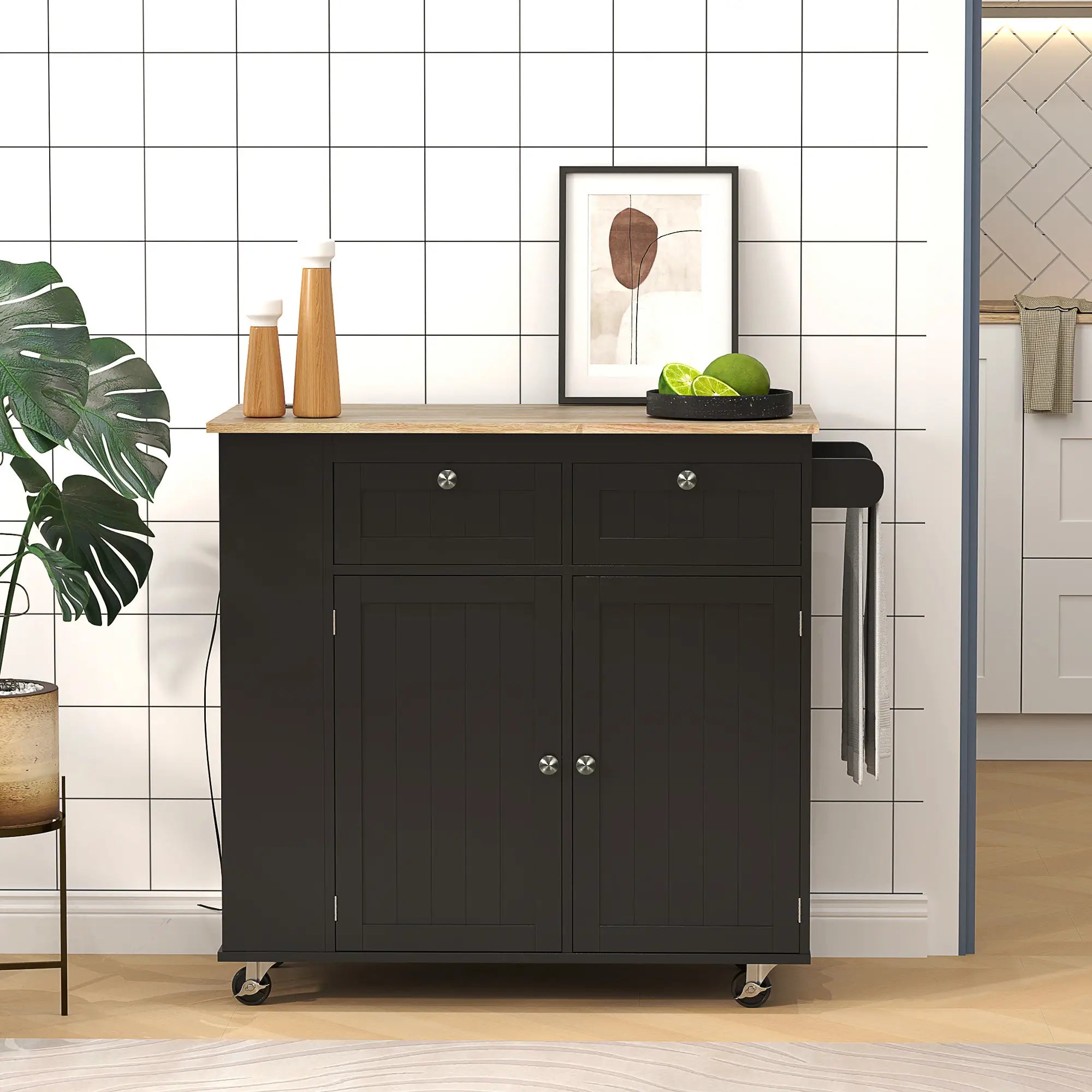 Kitchen Island with Power Outlet, Drop Leaf, 2 Drawers, Black Kitchen Islands & Kitchen Carts at Gallery Canada