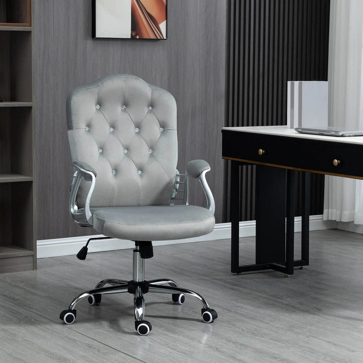 Velvet Office Chair, Button Tufted Desk Chair, Adjustable Height, Grey Executive & Manager Chairs at Gallery Canada