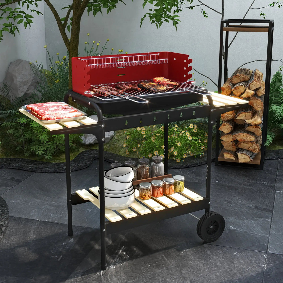 Charcoal Barbecue Grill, Adjustable Height, Portable BBQ Trolley, Red