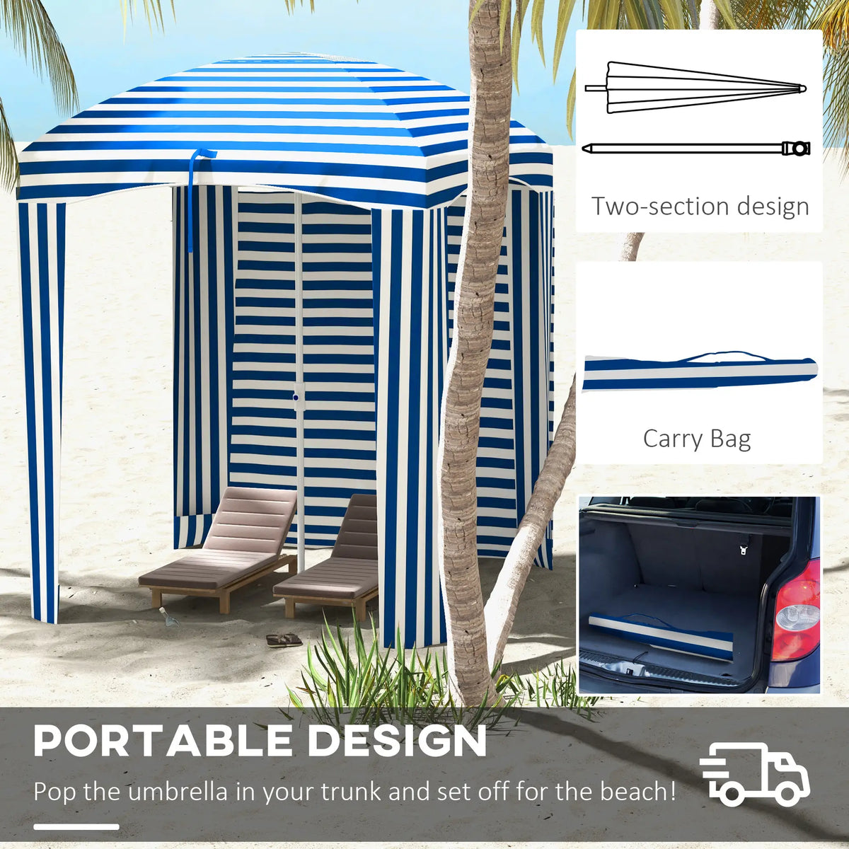 70.1" L x 70.1" W Cabana Umbrella With Walls, Vents, Ruffles, Carry Bag, Blue White Stripe Beach Umbrellas at Gallery Canada