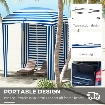 70.1" L x 70.1" W Cabana Umbrella With Walls, Vents, Ruffles, Carry Bag, Blue White Stripe Beach Umbrellas at Gallery Canada