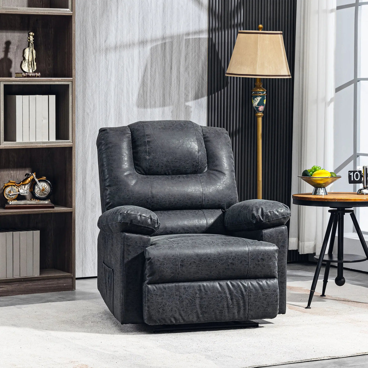 PU Leather Recliner Chair, Manual, Living Room, Footrest, Side Pockets, Steel Frame, Black Single Sofas at Gallery Canada