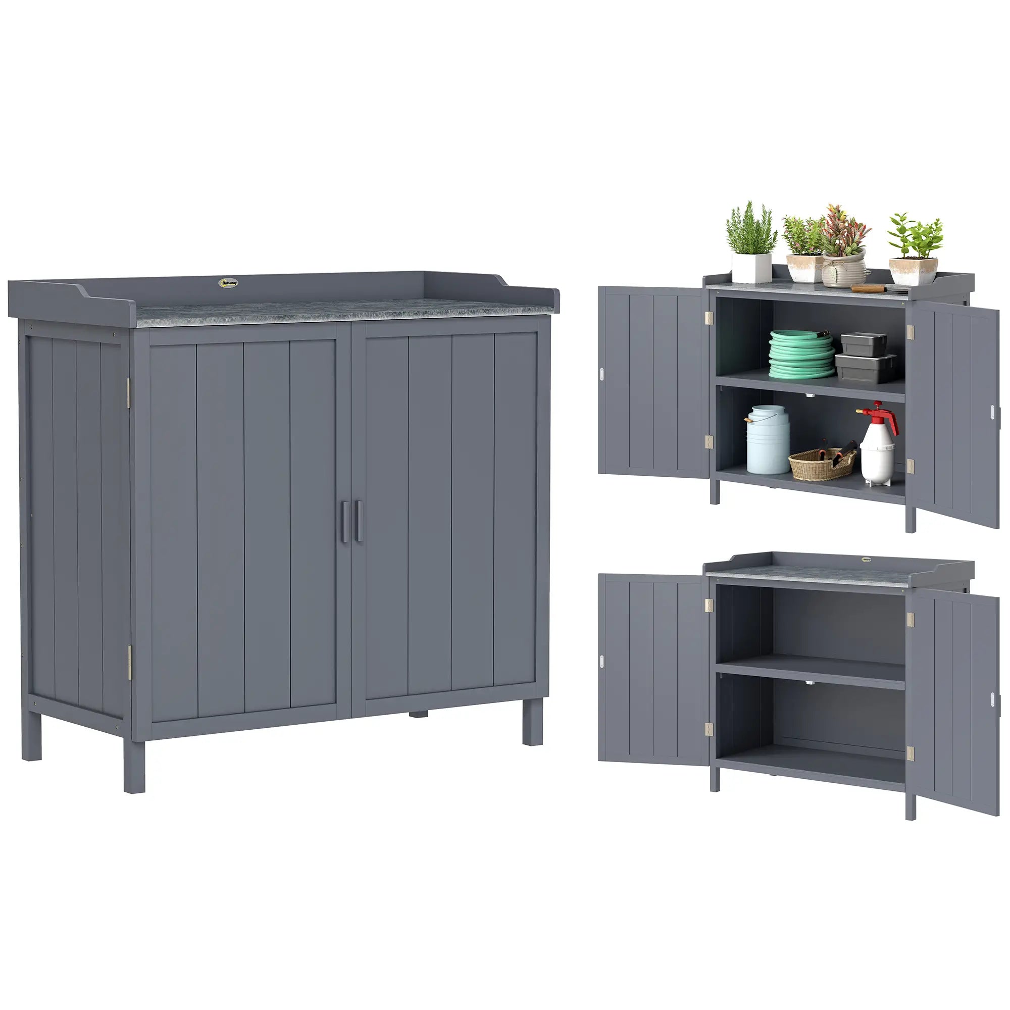Outdoor Garden Storage Cabinet, Potting Bench with Galvanized Top, Grey Sheds at Gallery Canada
