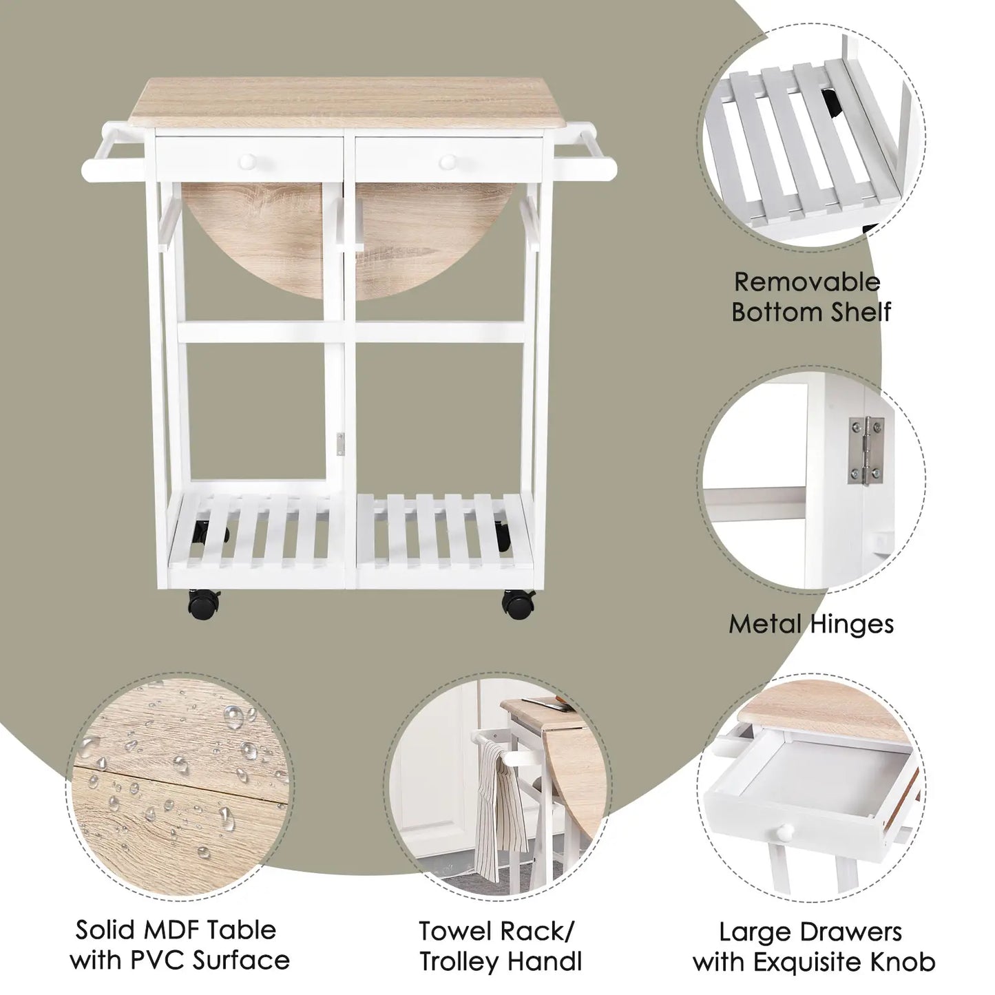 3 Piece Kitchen Cart Set, Drop Leaf Table, 2 Stools, Rolling Wheels, Wood, White Kitchen Islands & Kitchen Carts at Gallery Canada