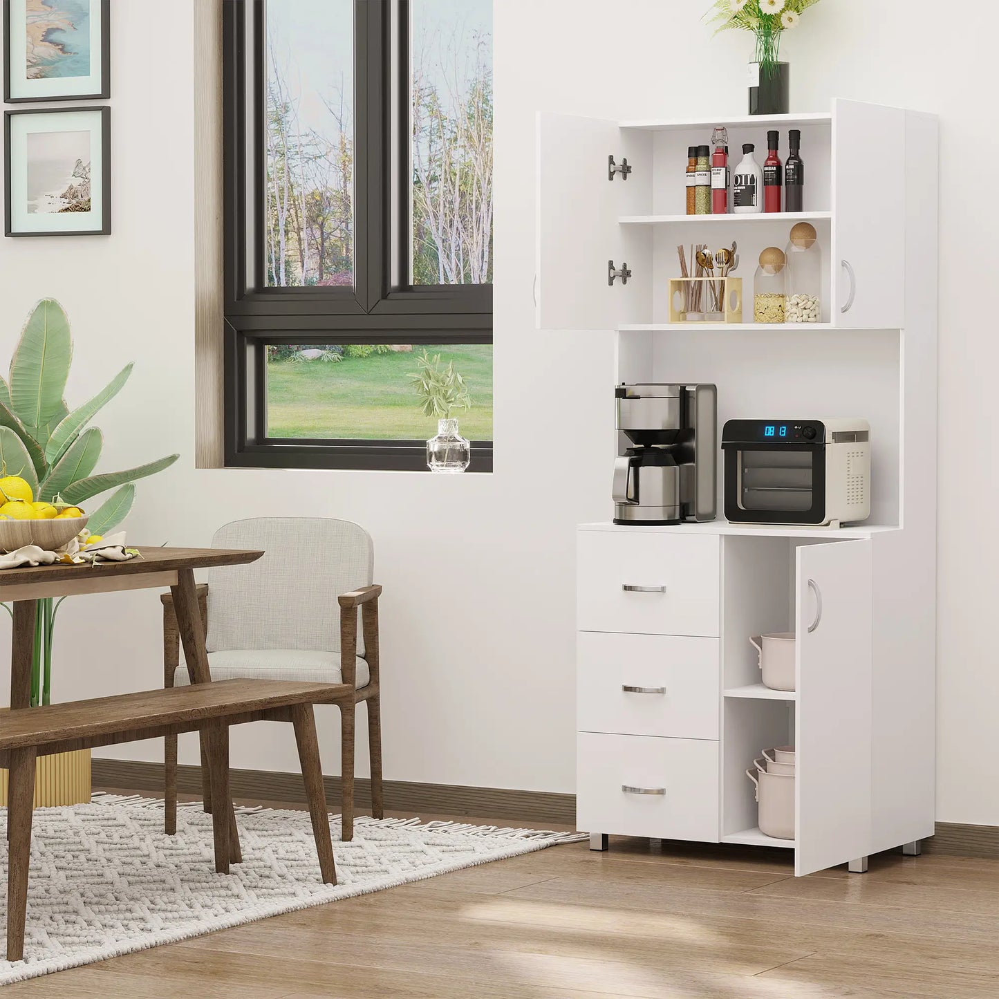 Freestanding Kitchen Buffet, Hutch Storage, 2 Door Cabinets, 3 Drawers, White Kitchen Pantry Cabinets at Gallery Canada