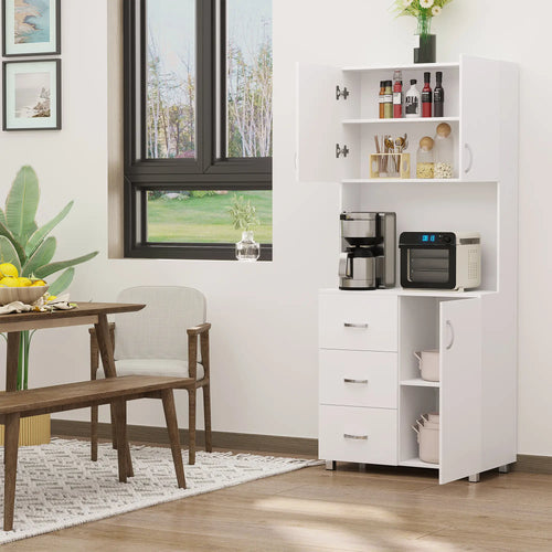 Freestanding Kitchen Buffet, Hutch Storage, 2 Door Cabinets, 3 Drawers, White