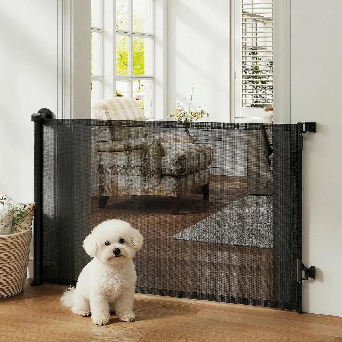 Retractable Dog Gate, 36.6" Tall, 55" Wide Mesh Pet Gate Pet Gates at Gallery Canada
