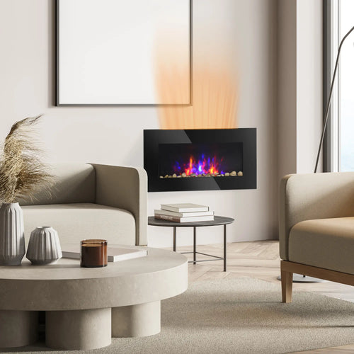 Wall Mounted Fireplace, 28.5 Inch Electric, LED Flame Effect, 7 Colors, Black